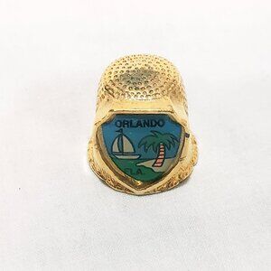 Orlando Florida Palm Tree Sailboat Thimble Vintage 3/4" Souvenir Gold tone Metal